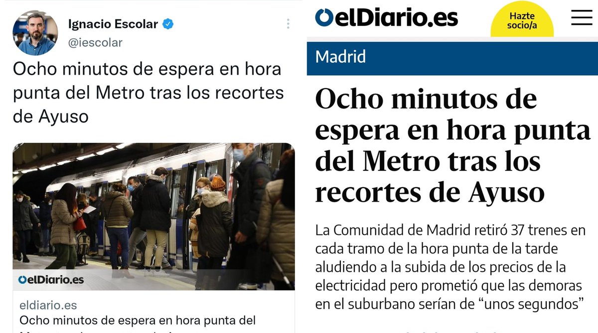 Benditapuntoeu's tweet photo. ⛔ BULO de @iescolar y @eldiarioes. "Ocho minutos de espera en hora punta del Metro tras los recortes de Ayuso".

❌ FALSO: Según el propio medio, las esperas en hora punta oscilan en un rango de 3 minutos y medio a 4 y medio. https://t.co/Yj6exqX9h7