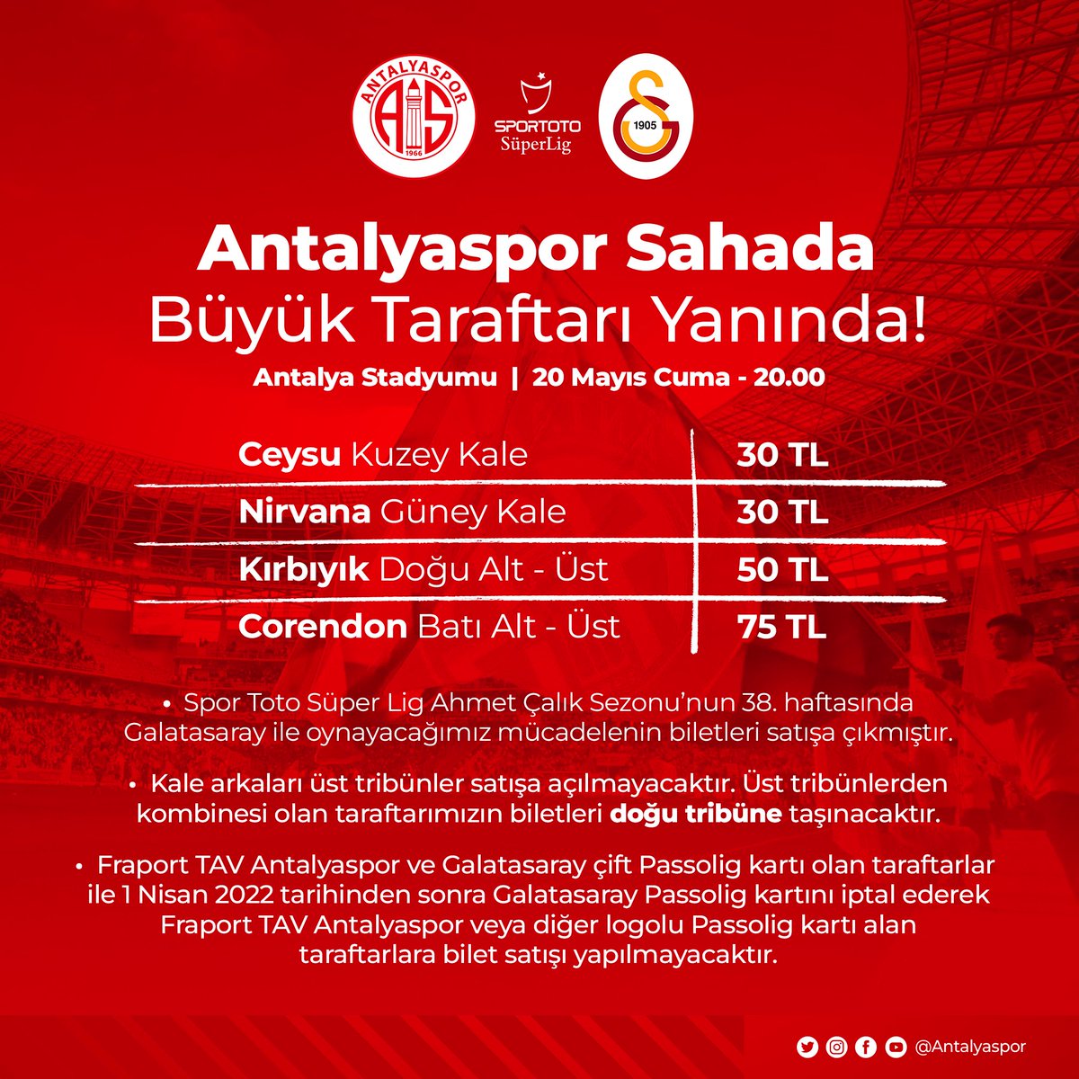 Antalyaspor-Galatasaray maçı biletleri satışa çıktı. Bütün sezon boyunca özveriyle mücadele eden; Başkan, yönetim, futbolcular, teknik ekip ve tüm kulüp çalışanlarına teşekkür borcumuz var. Sonucu ne olursa olsun bu takım son maçta 33 bin kişiyle alkışlanmayı hak ediyor.