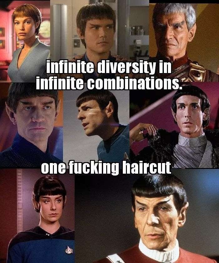 PHalvick's tweet photo. Câest vrai ça !
Les Vulcains ont tous la mĂȘme coupe de cheveux !
#repost : @trekkietodd
#geek #geekmeme #joke #blague #humourgeek #startrek #spock #vulcain #coupedecheveux https://t.co/XFuAawAs5A