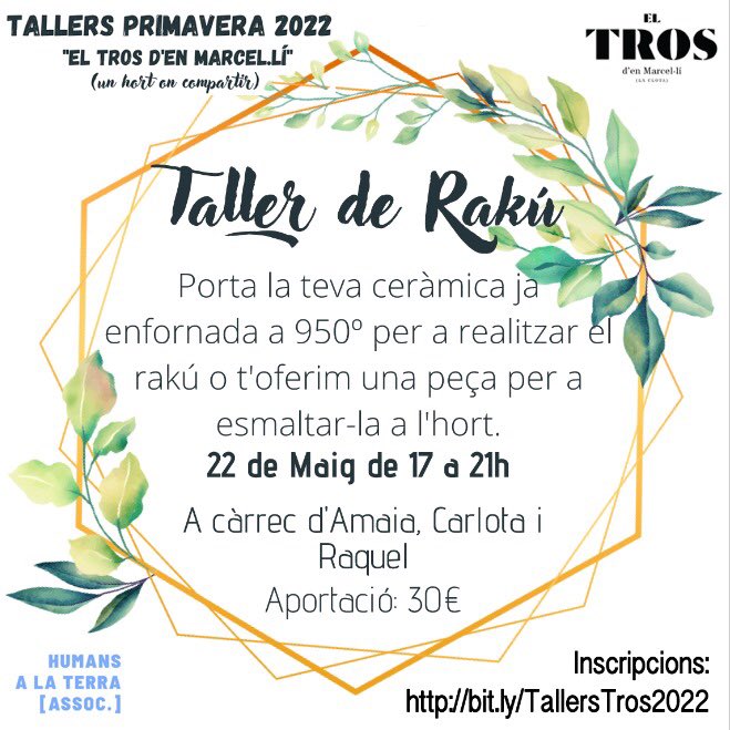 AnemAlTros's tweet photo. Diumenge a El Tros d’en Marcel·lí, farem Rakú.. Apunta't al taller!! 👩‍🌾

📅 Diumenge 22 de maig d’17 a 21h

👉 TALLER DE RAKÚ
Porta la teva ceràmica ja enfornada a 950º per a realitzar el rakú o t'oferim una peça per a esmaltar-la a l'hort (30 euros)

✍️https://t.co/BUKwmBCSRX https://t.co/r3WrSRIpZQ