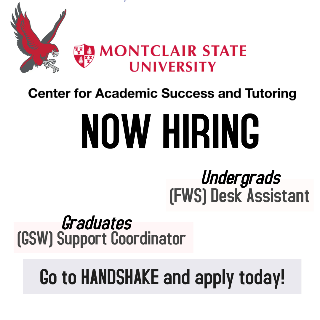 Montclair_CAST's tweet photo. CAST is hiring!!! If you are looking for a summer or fall semester job, look no further. We have positions for undergraduates as well as graduate students. Log into Handshake and apply today. #Redhawkpride #redhawklife #academicsuccess #montclairstateuniversity https://t.co/OttJ1umgEZ