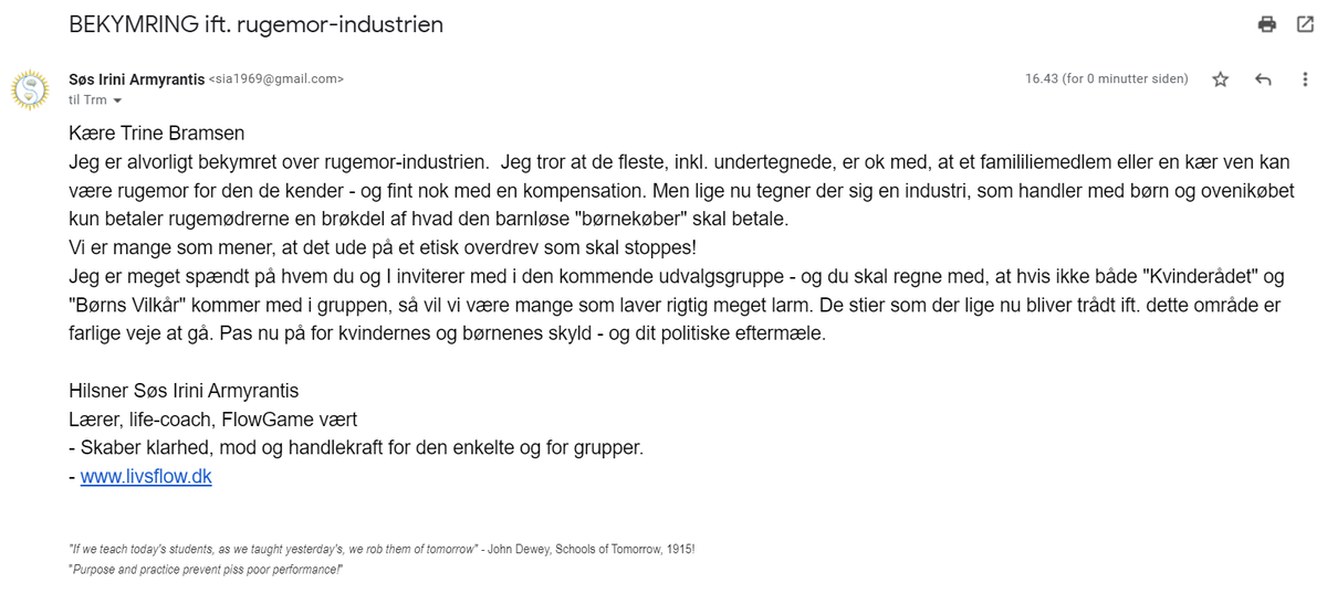 Armyrantis's tweet photo. Kære @Trinebramsen, jeg har lige sendt dig denne mail om #Rugemorindustrien. Træd varsomt og vælg udvalgsmedlemmer med omhu, for du og I er på vej ind i etisk giftigt domæne. 
@Kvinderaadet @BornsVilkar #DkPol https://t.co/6tSodyIS8j