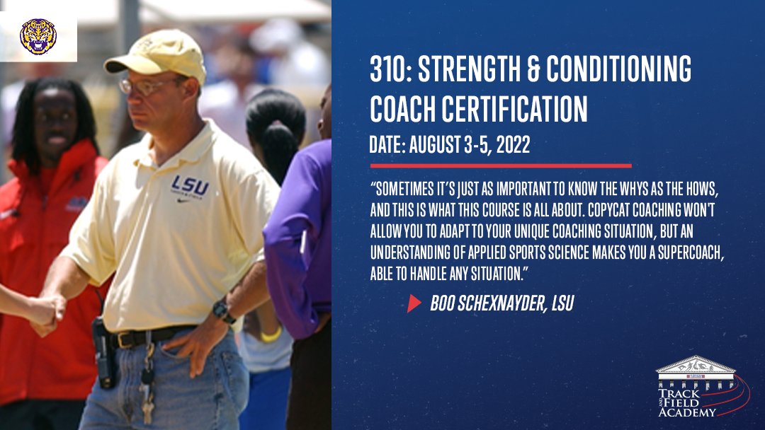 "Copycat coaching won't allow you to adapt to your unique coaching situation, but an understanding of applied sports science makes you a supercoach, able to handle any situation." ~ <a href="/BooSchex/">Boo Schexnayder</a> of <a href="/LSUTrackField/">LSU Track & Field</a> will be instructing TFA 310 from Aug. 3-5.

web2.ustfccca.org/tfa/