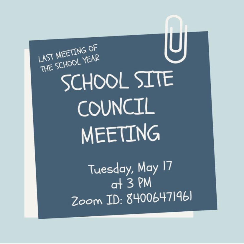 MiddleReed's tweet photo. Our last School Site Council of the year is this afternoon, Tuesday, May 17 at 3 PM. All members of our Reed MS community are welcome. #wearereed #thereedway https://t.co/XmeaYGcyyL