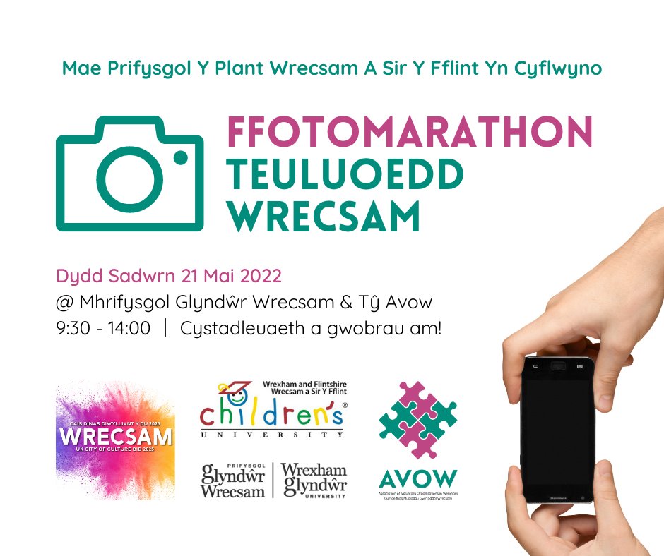 AvowWrexham's tweet photo. Don't miss the FREE WREXHAM FAMILY PHOTOMARATHON from @WrexandFlintsCU! 📸 📱
Saturday 21st May 2022
@ Wrexham Glyndŵr University & Tŷ Avow
9:30 - 14:00, prizes!
For more information: https://t.co/OEJEpgGaCW
#photomarathon #wrexham #glyndwr #photography #wrecsam2025 https://t.co/FUIFYMr8pI