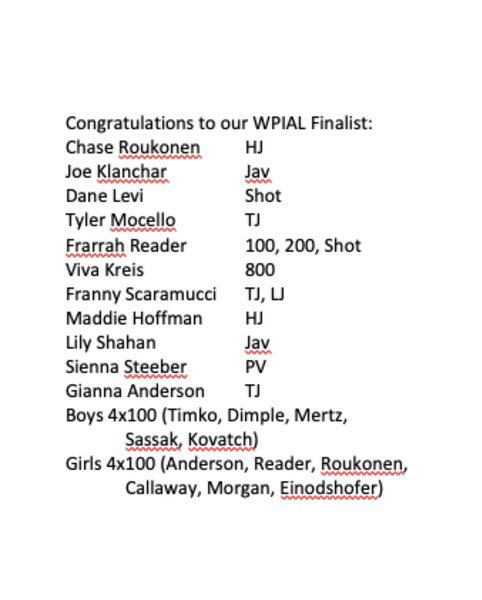 Good luck to our WPIAL Finalists!!🏅They will be competing on Wednesday, May 18 at Slippery Rock at 11:00am