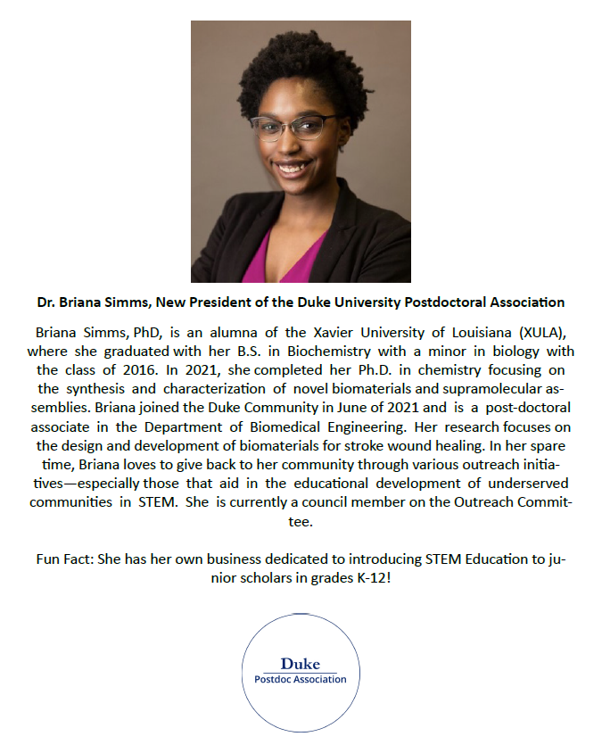 Duke University Postdoc Association (@dukepostdocs) on Twitter photo Introducing our newly elected DUPA President, Dr. Briana Simms (<a href="/12bri45/">Honey Bri 🐝🍯</a>)!
Connect with her and other <a href="/DukePostdocs/">Duke University Postdoc Association</a> council members at our regular general meetings, social activities, or professional development events. Introducing our newly elected DUPA President, Dr. Briana Simms (<a href="/12bri45/">Honey Bri 🐝🍯</a>)!
Connect with her and other <a href="/DukePostdocs/">Duke University Postdoc Association</a> council members at our regular general meetings, social activities, or professional development events.