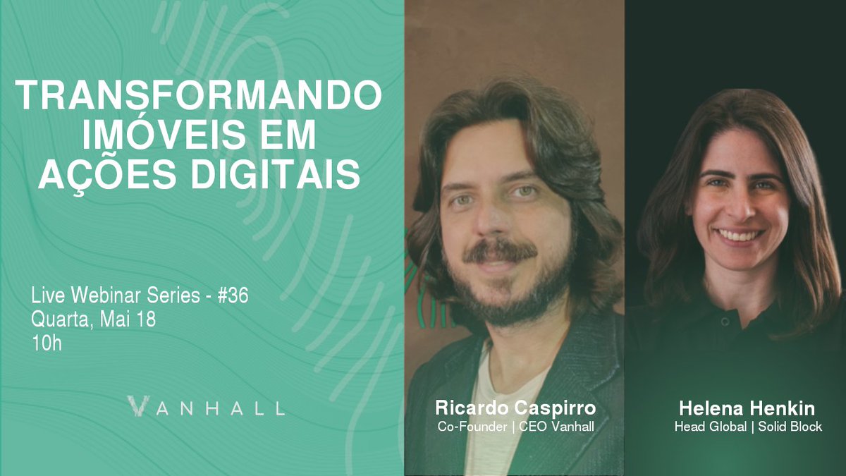 Junte-se a nós em mais uma live 4f(18/05 - 10h) com <a href="/ricardocaspirro/">Ricardo Caspirro</a> | CEO do @Vanhallpay  e Helena Henkin | Head Global da <a href="/SolidBlockCo/">SolidBlock</a> 
Como a tokenização de imóveis pode criar mais oportunidades financeiras.
Ytube - youtu.be/S7AyflNOpeY
#stablecoins #tokenização #vanhall