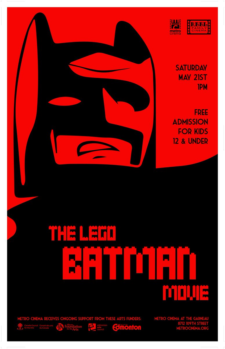 themetrocinema's tweet photo. #ReelFamilyCinema 
THE LEGO BATMAN MOVIE

May 21 at 1:00 pm
Free admission for kids 12 &amp; under

Poster design by Cameron Demetrick

https://t.co/qDIcSDNBSD

#Lego #Batman https://t.co/U925b6VHbH