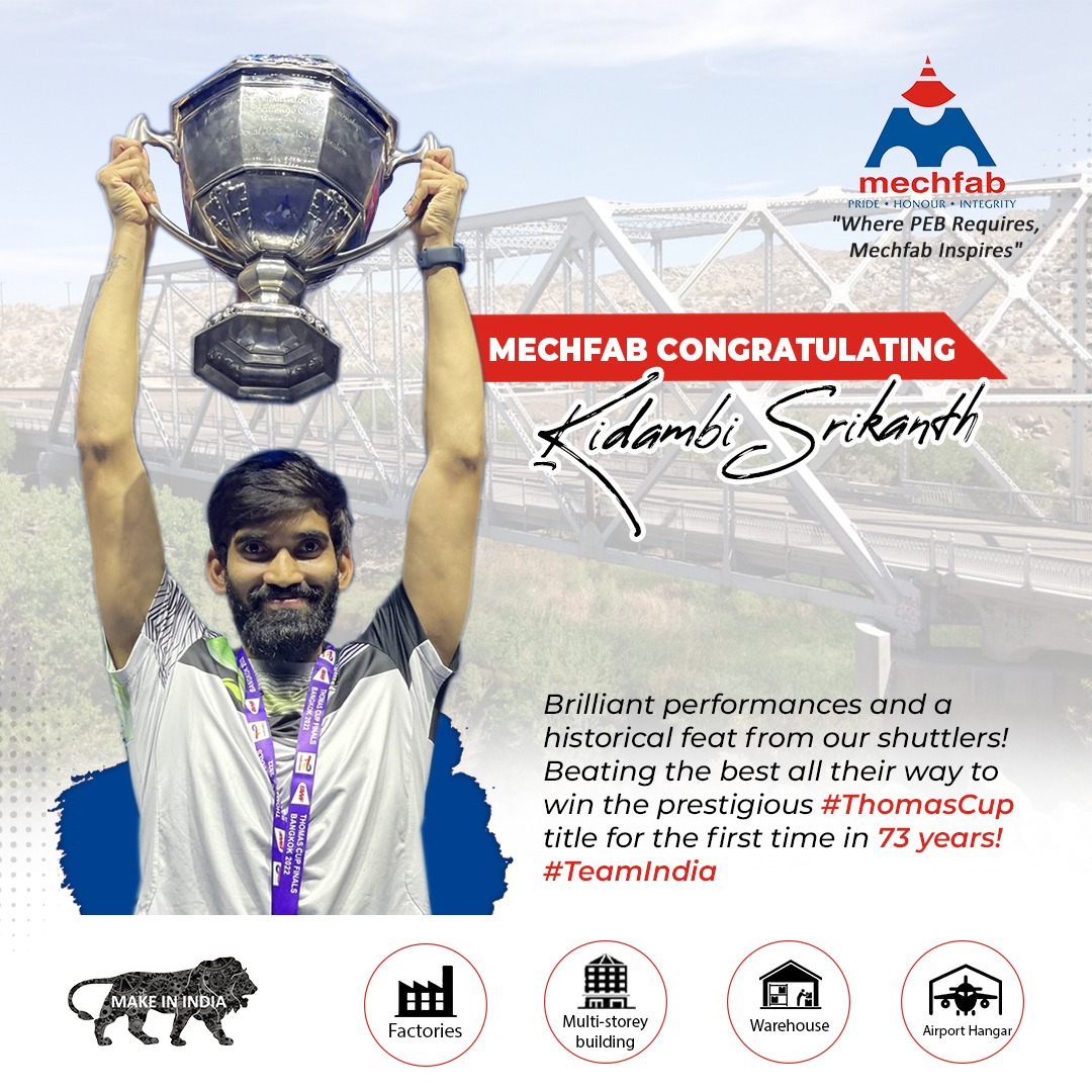 Mechfab2's tweet photo. #MECHFAB congratulating #KidambiSrikanth 

To #WIN the Prestigious #ThomasCup for the First Time in 73 YEARS!!!! #TeamIndia

Website:- https://t.co/qaCf0VTqNA
Youtube:-https://t.co/FdFZRBEUNH
Linkedin:-https://t.co/YxwFBc9nzF
Facebook : - https://t.co/r4zvaIYzRD https://t.co/8fQClaESuV