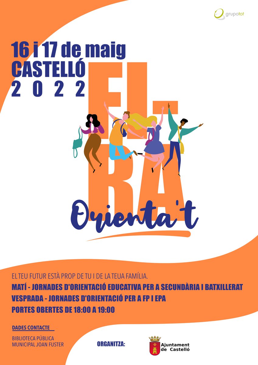 grupotot's tweet photo. Si no tens clar el teu futur i necessites orientació, apropa't a la Fira Orienta't a Castelló.
Esta vesprada tindrem jornada de portes obertes.
@CastelloAjunt
#orientat #orientacion #orientacio #firaorientat https://t.co/itqrkyyEtU