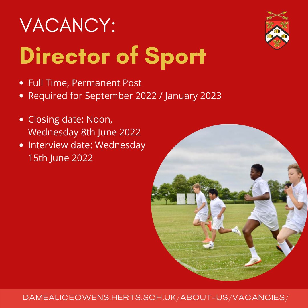 damealiceowens's tweet photo. Come and join us!

We have an exciting new vacancy for a Director of Sport.

For more details and information on how to apply, please visit our website. https://t.co/ZnDR1nat9n https://t.co/ollvamZaY5