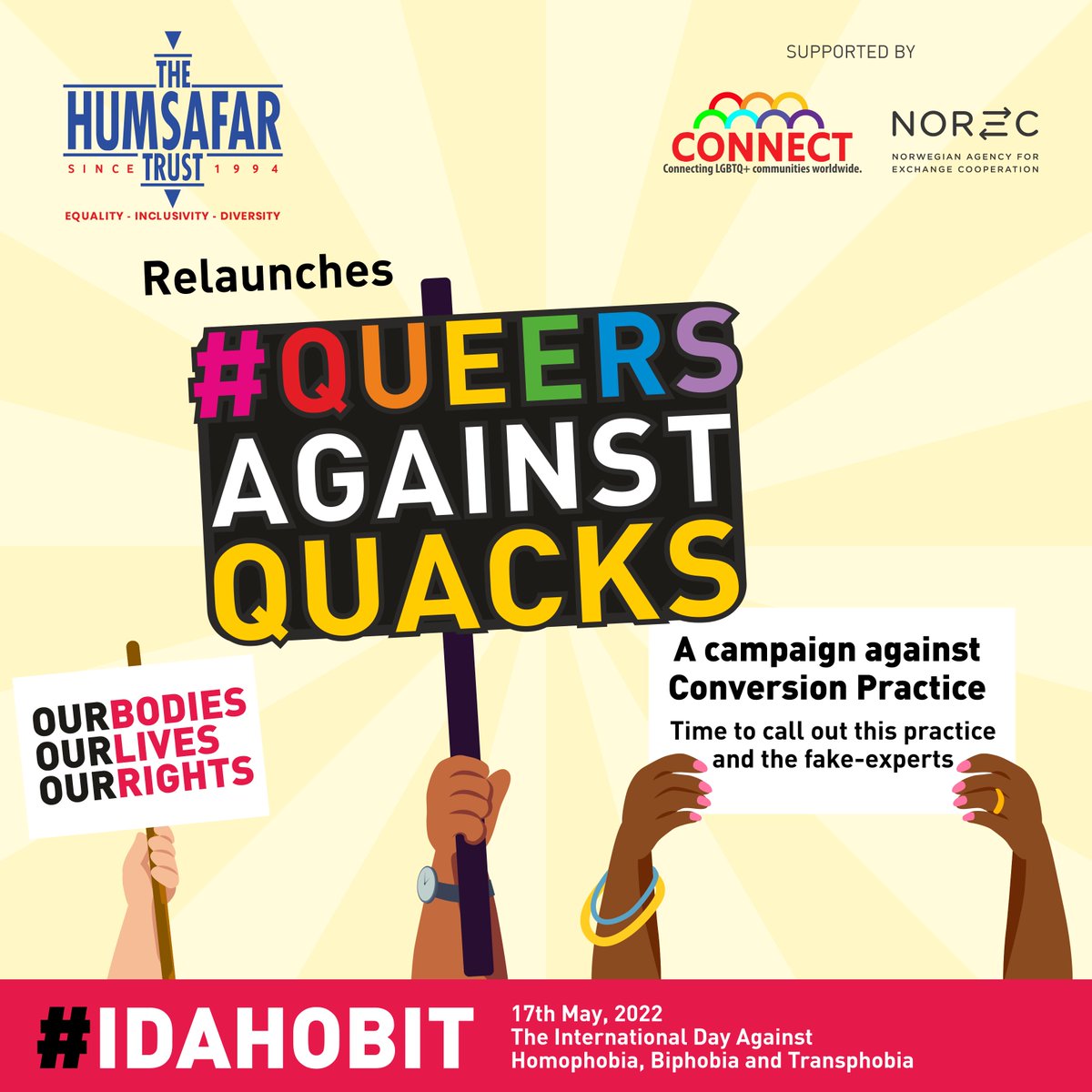 HumsafarTrust's tweet photo. This #IDAHOBIT join our #QueersAgainstQuacks campaign in banning Conversion Practices.
Visit https://t.co/eKRqYjb3mO
#NothingToCure #BanConversionTherapy #CantBeCured #FakeDoctors #LGBTQ+ #LGBTQrights #QueerPower #IAmNormal #ThisIsNormal #NothingToFix https://t.co/nbjd3GVPna