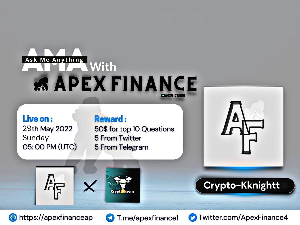 BisonsCrypto's tweet photo. We're glad to announce our next #AMA with @ApexFinance4 on 29th May 2022 at 05:00 PM UTC.
💰Reward Pool: 100$
📍Venue: https://t.co/CbGu4CwLDc
〽️Rules:
✅Follow @Crypto_Bisons &amp;
@ApexFinance4 
✅Like &amp; Retweet
✅Comment Questions &amp; Tag 3 Friends with
BEP20 address https://t.co/wC8exnUf0E