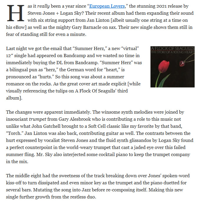 LoganSky's tweet image. "The hurt expressed by Steven Jones &amp;amp; fluid synth glissandos by Logan Sky found a perfect counterpoint in the world-weary trumpet that cast a jaded eye over this failed summer fling." - Post-Punk Monk
postpunkmonk.com/2022/05/06/ste…
#summerpop #summersynth