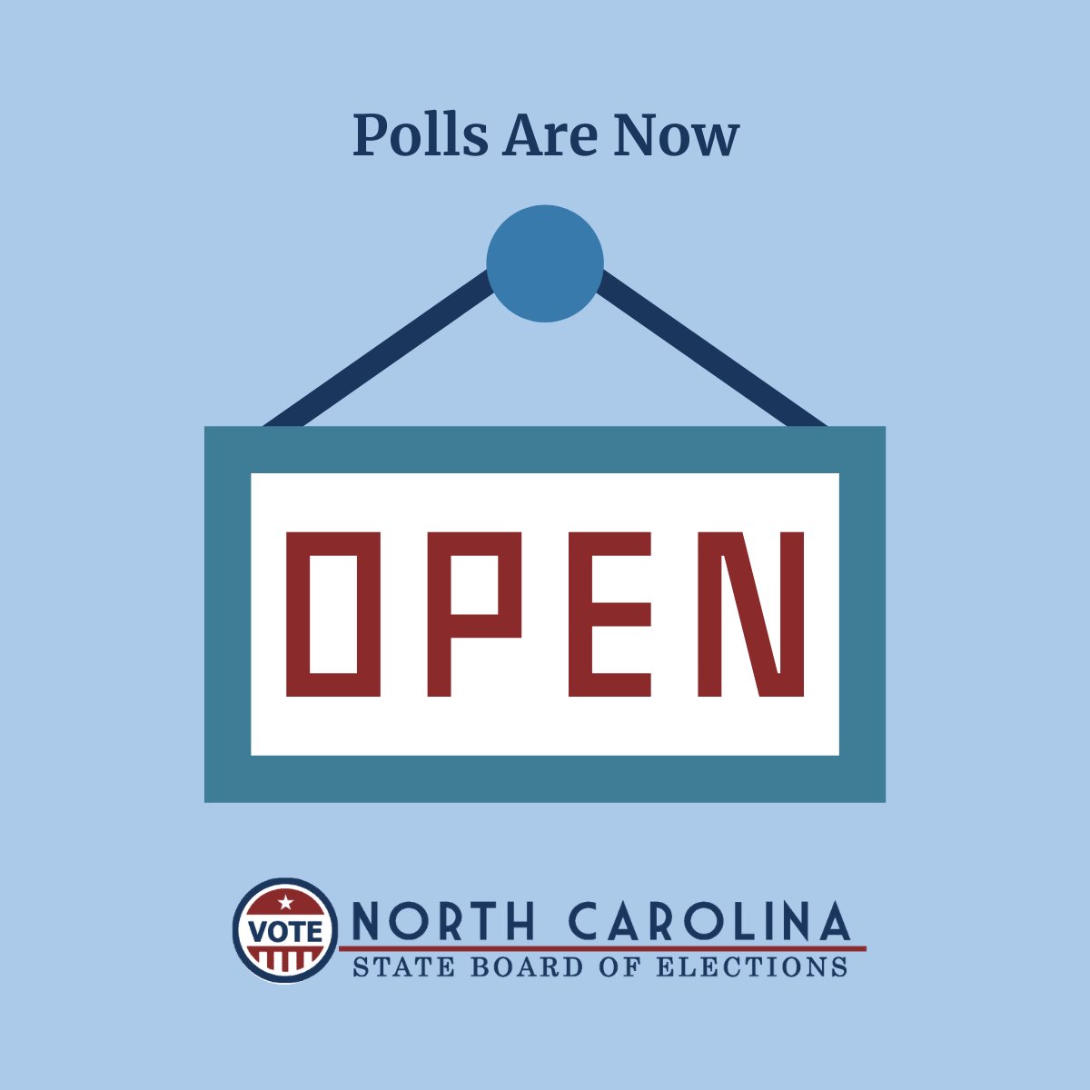 Today is Election Day for NC’s 2022 statewide primary! ✨ Polls are open now until 7:30 p.m. Any voter in line at their assigned polling place at 7:30 p.m. will be able to vote.

Search for your polling place: vt.ncsbe.gov/PPLkup/

#YourVoteCountsNC #NCPol