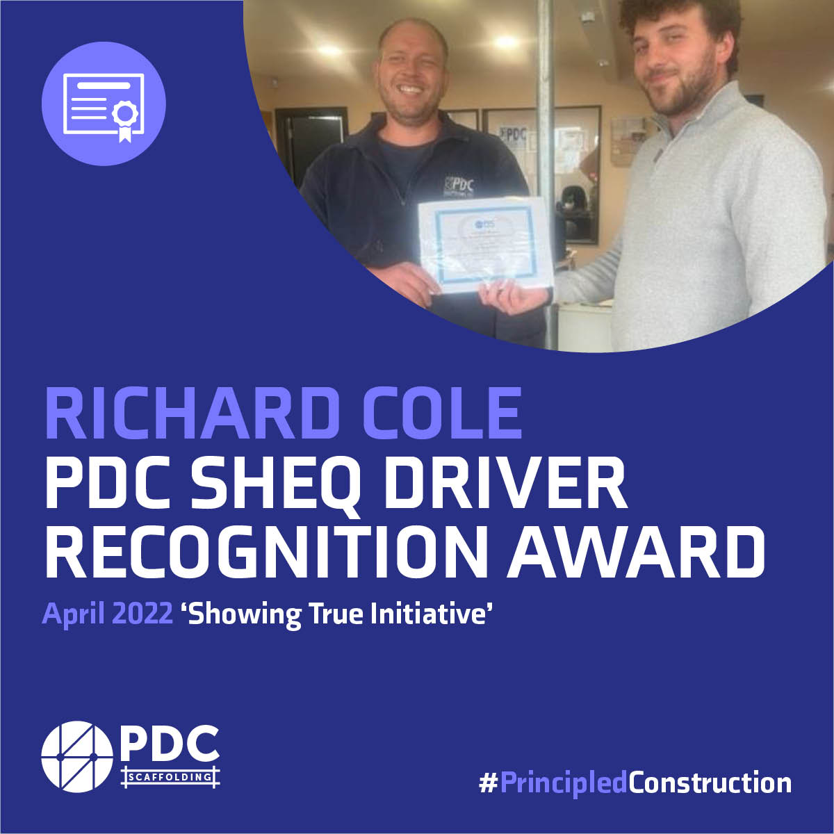 PDC_Scaffolding's tweet photo. Mr. Richard Cole (shown left) proudly accepts the PDC Scaffolding Ltd coveted Safety, Health, Environmental &amp; Quality Driver Recognition Award for outstanding driving performance during the month. 
#MeetTheTeam #EmployeeOfTheMonth #ConstructionUK #Business #HealthAndSafety https://t.co/VLlh5qNchN