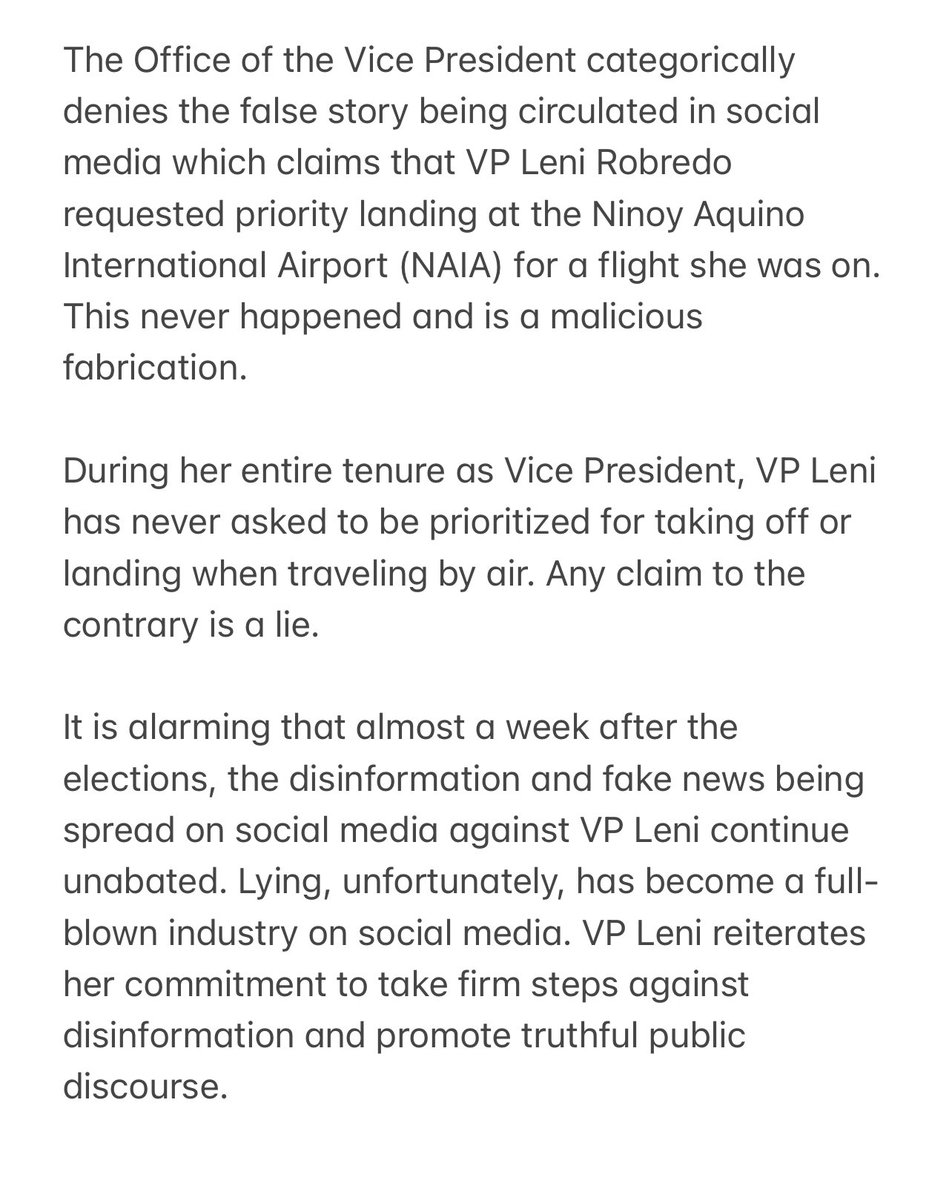 ‘A MALICIOUS FABRICATION’

The Office of the Vice President categorically denies the false story which claims that VP Leni Robredo requested priority landing at the Ninoy Aquino International Airport. | <a href="/anjocalimario/">Anjo Cagmat Alimario</a>