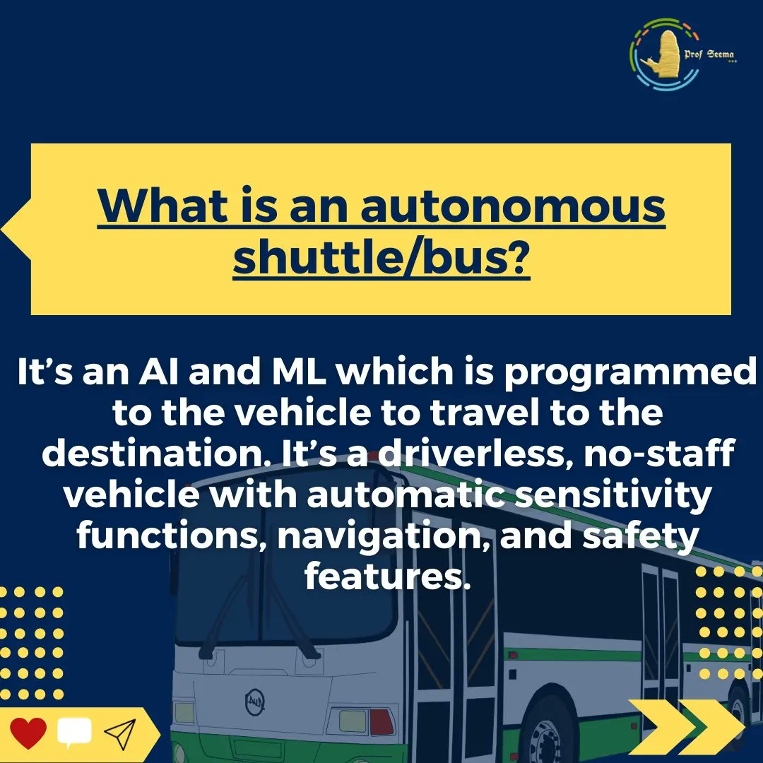 profseemagupta's tweet photo. Autonomous vehicle🚗 is an AI or ML which is programmed to the
 vehicle🚗to travel to the destination. It's driverless,no-staff vehicle. 

For more info 
Swipe right👉

Follow @profseemagupta 

#autonomousCar #driverless #pandemic https://t.co/vuBYP2Qehu