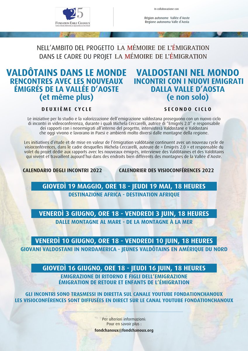 fondchanoux's tweet photo. Nos rencontres avec les émigrés valdôtains de nouvelle génération vous manquaient? 
La nouvelle saison va bientôt commencer. Rendez-vous jeudi 19 mai sur notre chaîne Youtube https://t.co/r8lHu4SeqO