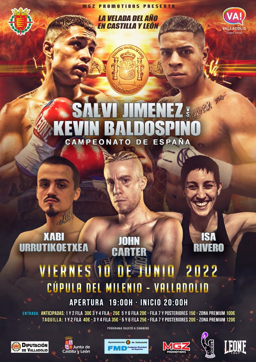 🥊 La velada del año en #CyL. CAMPEONATO DE ESPAÑA DE BOXEO EN #VALLADOLID.

🗓 10 de Junio. Cúpula del Milenio.

¡COMPRA TU ENTRADA YA Y NO TE LO PIERDAS! 👇

♦️ Bar As de Copas.

🍺 Cervecería Aberdeen.

📲 Reserva por WhatsApp - 620974816.