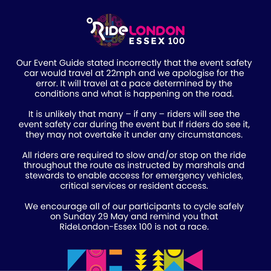 RideLondon's tweet image. 📝 A quick clarification on an error in the Event Guides sent to participants in the RideLondon-Essex 100 over the weekend. 

#RideLondon #WeRide