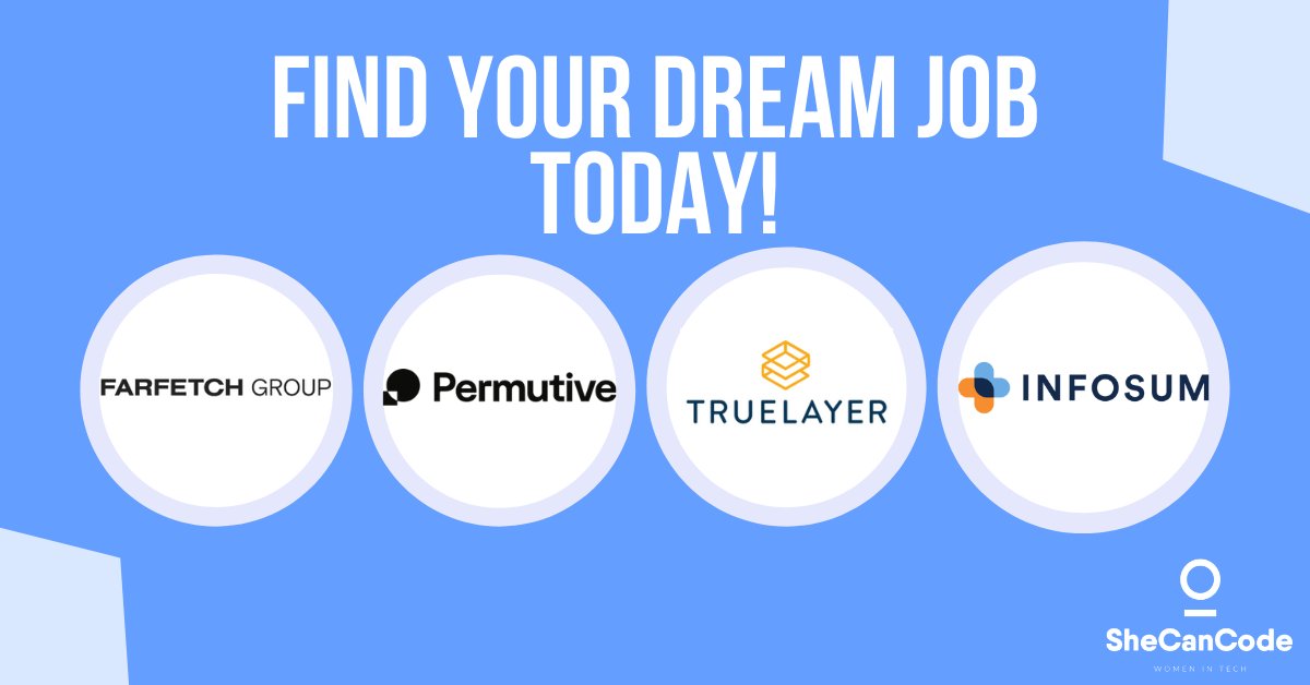 SheCanCodeHQ's tweet photo. End your job search today! Check out the SheCanCode job board today and find fair and inclusive employers waiting for you.👉https://t.co/WyK4e2UPKT
@farfetch @Permutive @TrueLayer @InfoSum 

#softwaredeveloper #softwareenginner #techjobs #jobs #StemCareers #STEM #tech#Shecancode https://t.co/umHKcF6yMY