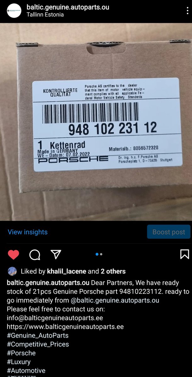 BalticGenuineAP's tweet photo. Dear Partners, We have ready stock of 21pcs Genuine Porsche part 94810223112. ready to go immediately from @BalticGenuineAP AutoParts OÜ.Please feel free to contact us on:info@balticgenuineautoparts.eehttps://t.co/YWaLSyB69V
#Genuine_AutoParts
#Competitive_Prices
#Porsche https://t.co/H8cLF8EXFs