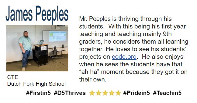 forum_d5's tweet photo. Thank you Mr. Peeples for bringing Computer Science alive for your students! #Firstin5 #D5Thrives #Pridein5 #Teachin5 https://t.co/RToR6eMRWn