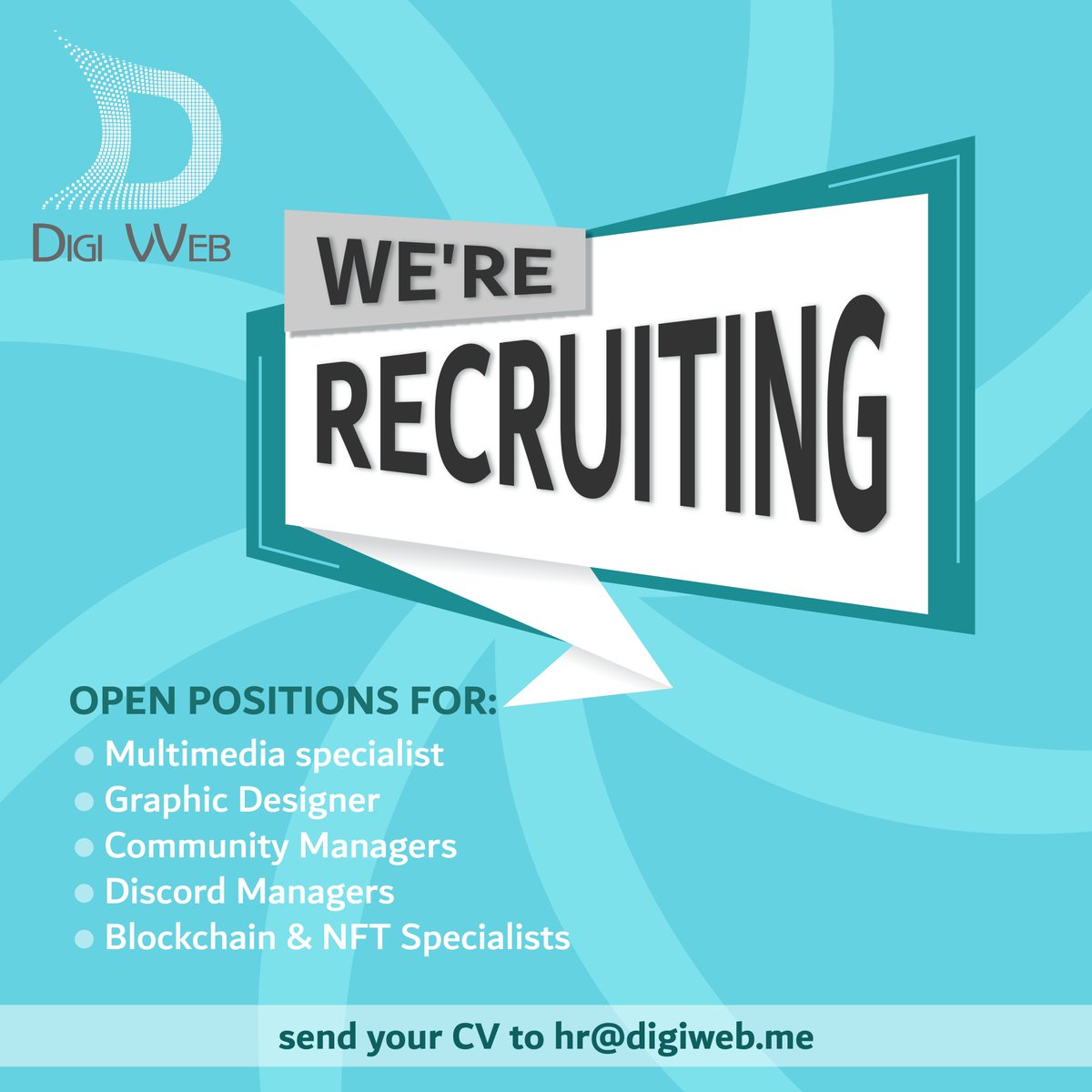 DigiWebllc's tweet image. Are you one of these: 

1️⃣ #Multimedia #specialist
2️⃣ #Graphic #Designers
3️⃣ #Community #Managers
4️⃣ #Discord #Managers
5️⃣ #Blockchain &amp;amp; #NFT #Specialists

Then send us your CV to hr@digiweb.me or retweet this post with someone who can become part of our team.