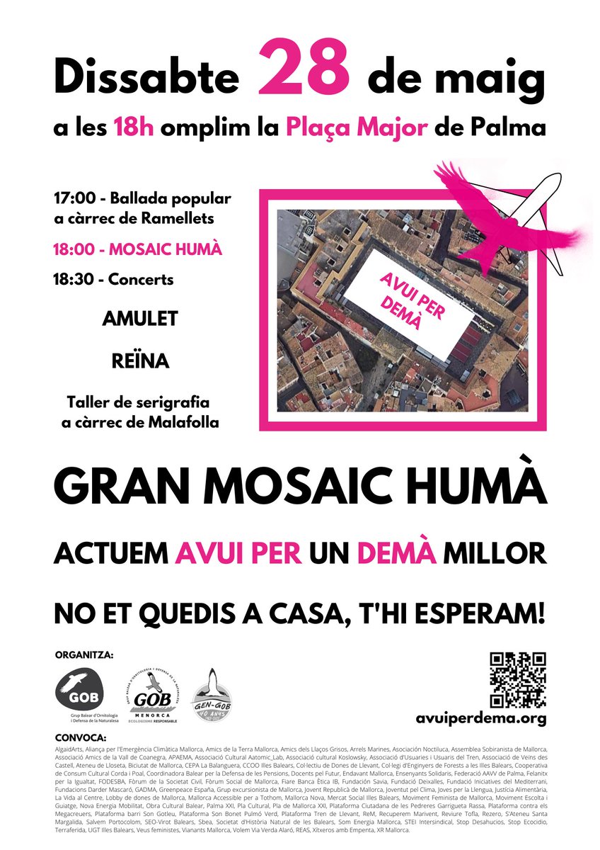 GOBMallorca's tweet photo. 📢 Ja tenim el programa del #28MpelFutur! No us ho podeu perdre: Omplirem la Plaça Major, deixarem ben clar el futur que volem amb el mosaic #AvuiPerDemà i ballarem al ritme d'@amuletfolk i de @reiinagrup!

🔄 Feu-lo córrer i que arribi a tot arreu! https://t.co/lNv1ROxPsW