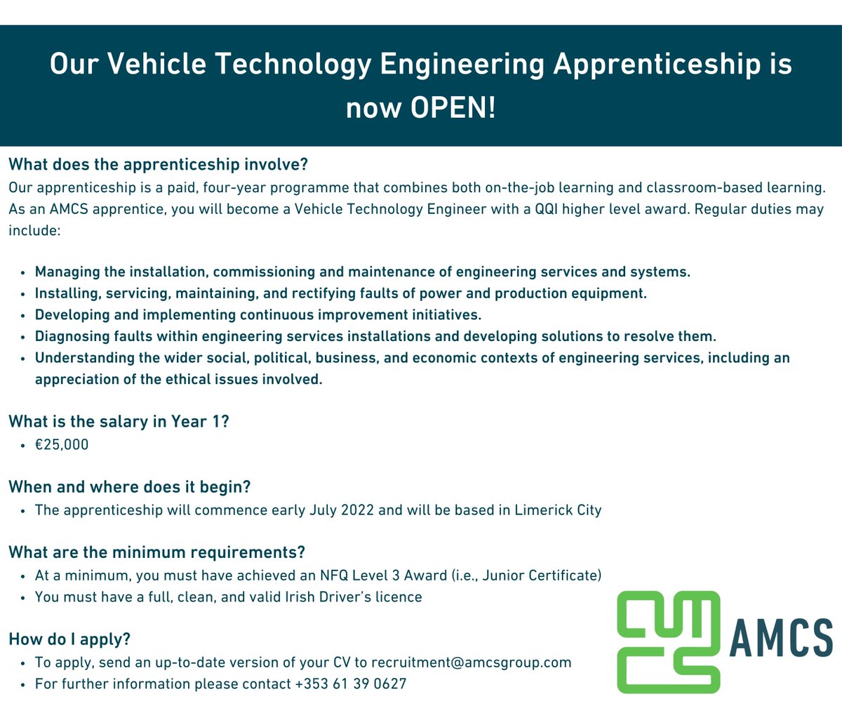 Our 2022 Vehicle Technology Apprenticeship Recruitment Campaign is now open for applications.

To apply, send an up to date copy of your CV to recruitment@amcsgroup.com

Or apply through lnkd.in/e7u6vK42

#vehicletechnology #apprenticeships 
#AMCScareers #LifeatAMCS