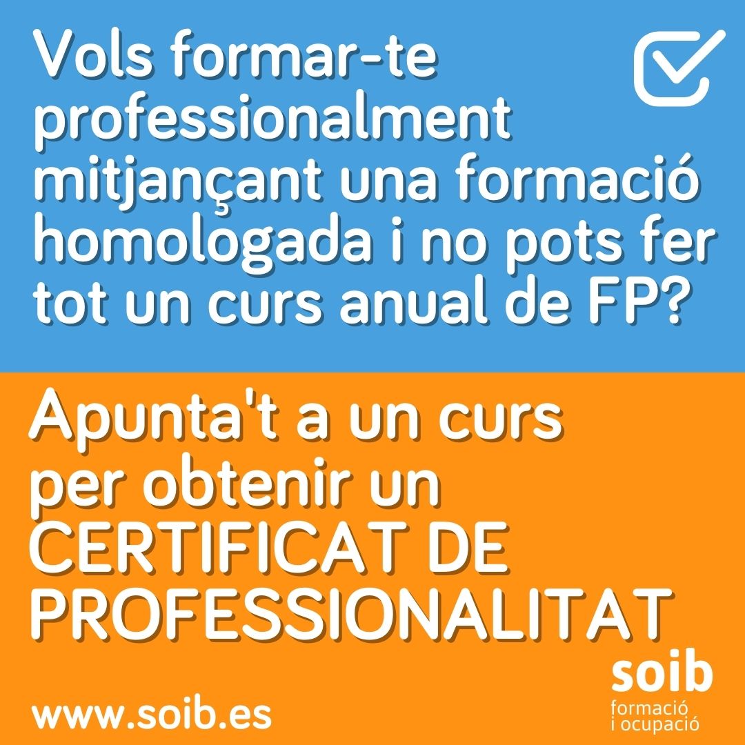 SOIBgoib's tweet photo. 📢 Els Certificats de Professionalitat que ofereix gratuïtament el SOIB tenen molts PROS ❗
👍 Una formació MODULAR, que et permetrà aprendre de forma FLEXIBLE‼️ És una formació gradual i amb correspondència amb l'FP del sistema educatiu.
#SomPro #SOIBSomPro https://t.co/iynX2BECuq