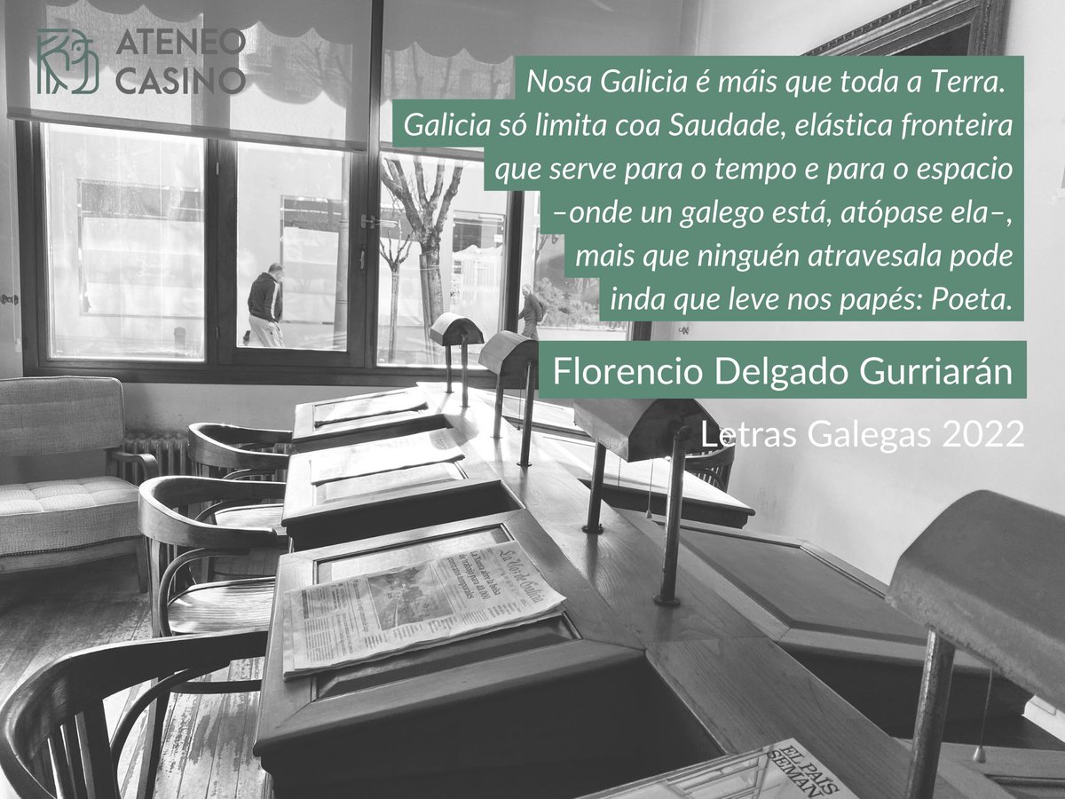 Dende a sala de lectura do Ateneo celebramos a nosa lingua. 
Co galego non hai fronteiras, xa que, como escribiu o homenaxeado das #LetrasGalegas 2022, Florencio Delgado Gurriarán, “Galicia é infinda!”.
Leamos, escribamos, falemos, pensemos galego, hoxe e sempre!