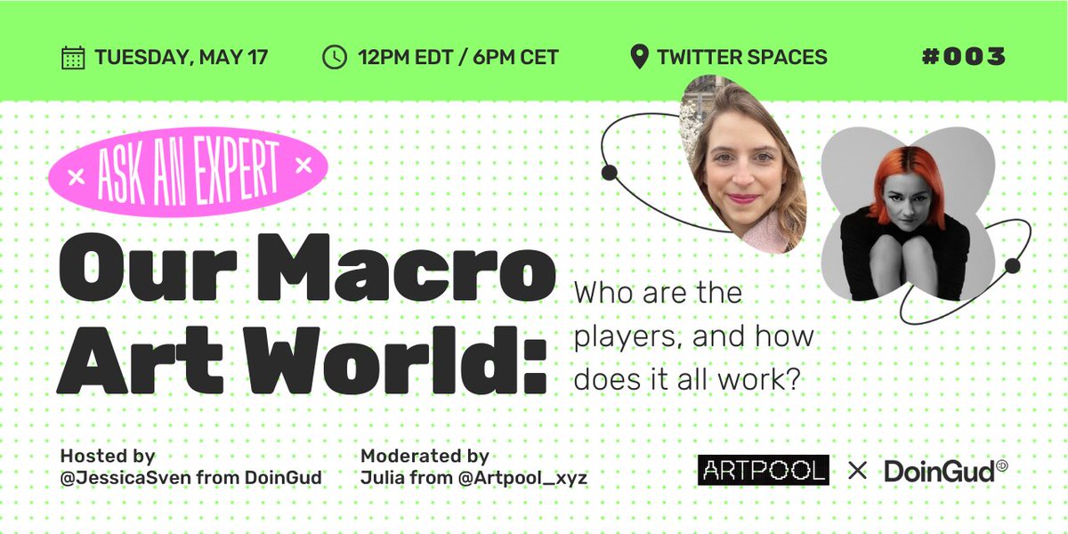 Come join me on <a href="/DoinGudHQ/">DoinGud ( :D , :D )</a> and @Artpool_xyz duo Twitter Space to learn how this whole "art world" works.

#artpool_xyz #nftEducation #NFTart #ArtEducation <a href="/JessicaSven/">Jessica Svenningson @Decoding Art (:D, :D)</a> #NFTsInMuseums #NFTartinstitutions #nftartworld #artpoolnft