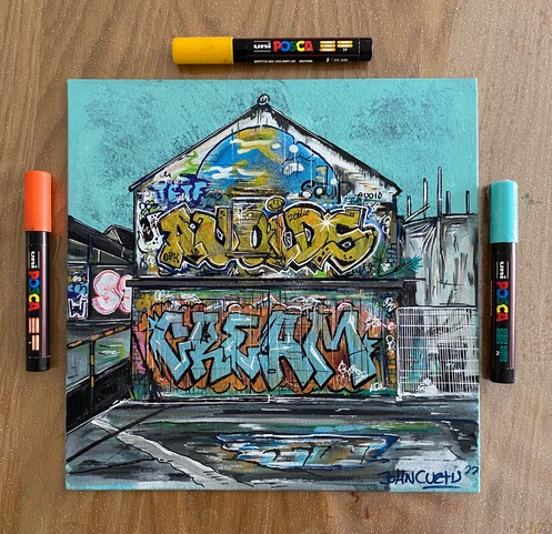 poscauk's tweet photo. Urban landscape artist @johncurtisart uses POSCA to create these moody graffiti scenes of Bristol. The reflections in the puddles are awesome! 😵 🌆

 #Graffiti #StreetArt #POSCAgraffiti #POSCAsticker #wildstyle #style #graffcharacter #graffart #graffitiart #graffitiartist https://t.co/jWisnIgYns