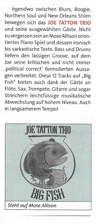 "Light-footed musical variety at a high level!" - German mag Na Dann on <a href="/joetatton/">Joe Tatton</a> Trio's new album 'Big Fish' on <a href="/rodinamusic/">Rodina Music</a>!