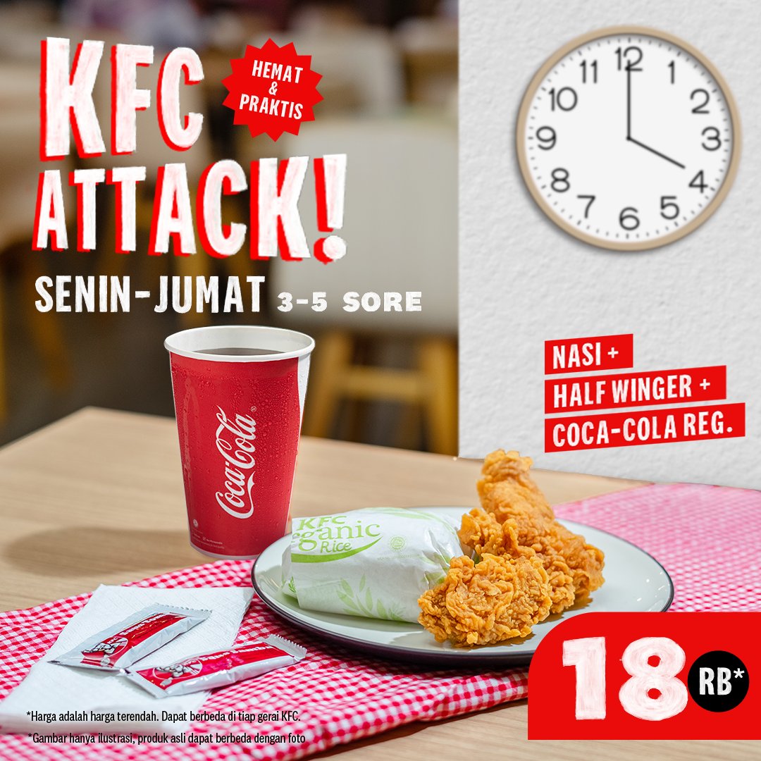 KFCINDONESIA's tweet photo. Udah siap belom buat nikmatin KFC Attack jam 3-5 sore nanti??

Pilihan menu KFC Attack available setiap Senin-Jumat ya, KFC Lovers. Jangan lupa mampir ke gerai KFC terdekat kamu, atau bisa juga pesen lewat KFCku App ya!

#KFCIndonesia #kfcattack https://t.co/jPQc4j12lO
