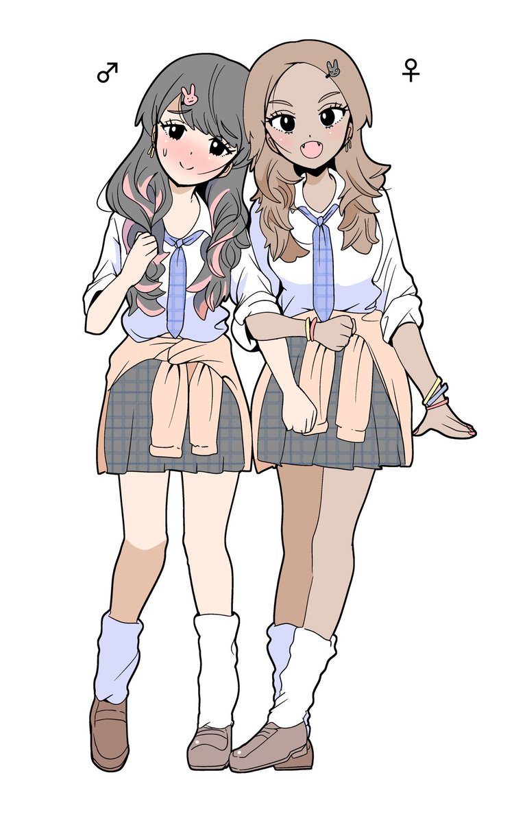 gyaru multiple girls 2girls skirt necktie school uniform blush  illustration images