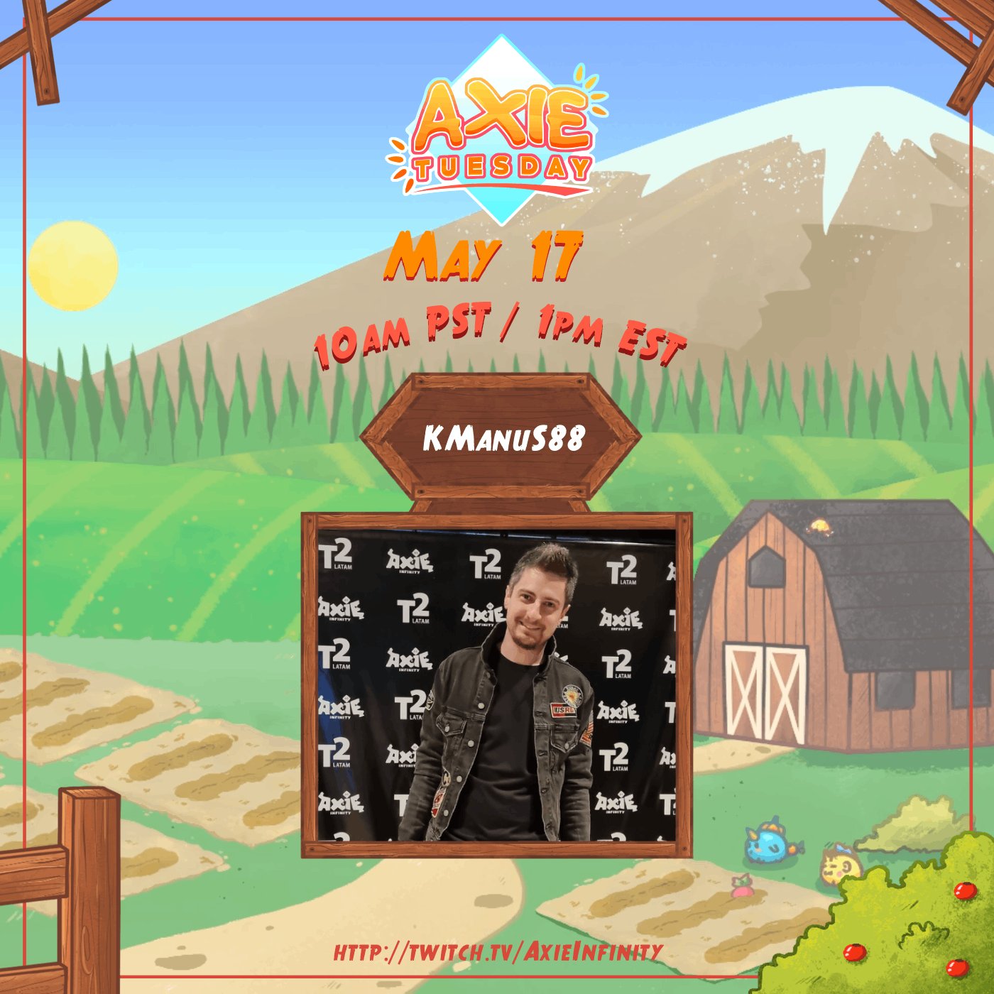 In about 6 hours we will be streaming Axie Tuesday with @KmanuS88  He will join @ZyoriTV for a thoughtful, back and forth discussion about Axie Esports, sustainable economy ideas, and dreaming about Land gameplay!  It will be live on: [twitch.tv] [twitter.com] [pbs.twimg.com]