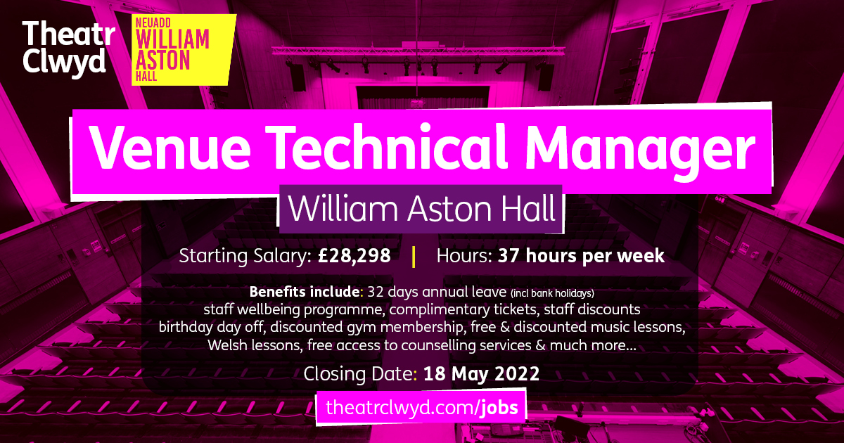 We need a Technical Manager to join us - deadline 18 May! More: theatrclwyd.com/jobs/venue-tec…

RT Pls: <a href="/theabtt/">The ABTT</a> @ForumPM <a href="/WhiteLightLtd/">White Light</a> <a href="/WhiteLightEvent/">White Light Events</a> <a href="/Nsdf_Tech/">NSDFTech</a> <a href="/NSDFest/">National Student Drama Festival</a> <a href="/stage_electrics/">Stage Electrics</a> <a href="/JustRigging/">JustRigging</a> <a href="/PlasaOnline/">PLASA</a> <a href="/plasashow/">PLASA Events</a> <a href="/Zero88/">Viktor Denisov</a> <a href="/LIPALiverpool/">LIPA Liverpool</a> <a href="/rosebruford/">Rose Bruford College</a> <a href="/cssdlondon/">Central</a> <a href="/RWCMD/">Royal Welsh College of Music & Drama</a>