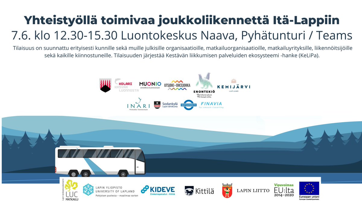 Tervetuloa mukaan ''Yhteistyöllä toimivaa joukkoliikennettä Itä-Lappiin'' -työpajaan tiistaina 7.6. keskustelemaan kestävästä liikkumisesta ja Itä-Lapin joukkoliikenteen tilasta!  

Ilmoittautumaan pääset tästä: lyyti.fi/reg/italapin_t…

#kestäväliikkuminen #KeLiPa #ItäLappi