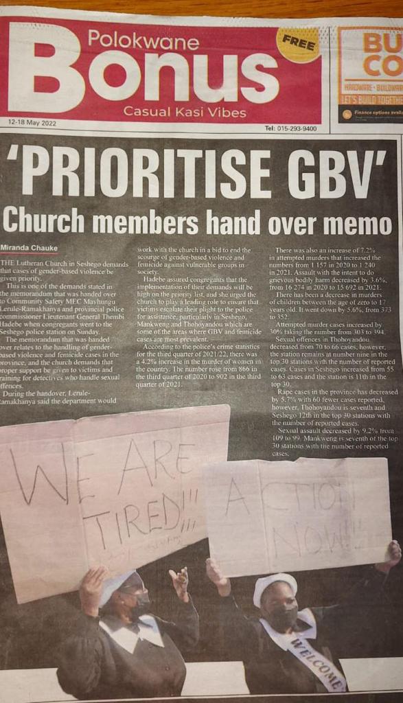 EndGBVF's tweet photo. PRIORITISE GBV

The Lutheran Church in Seshego demands that cases of gender based violence be given priority.

#wearetired #actionnow #endgbv

Source: @polokwanereview https://t.co/FtlOaNRsVb
