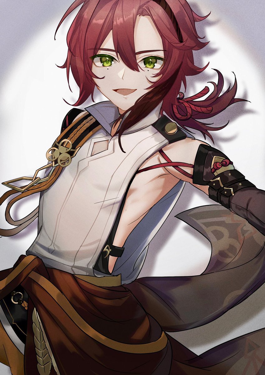 1boy male focus green eyes red hair mole solo armor  illustration images