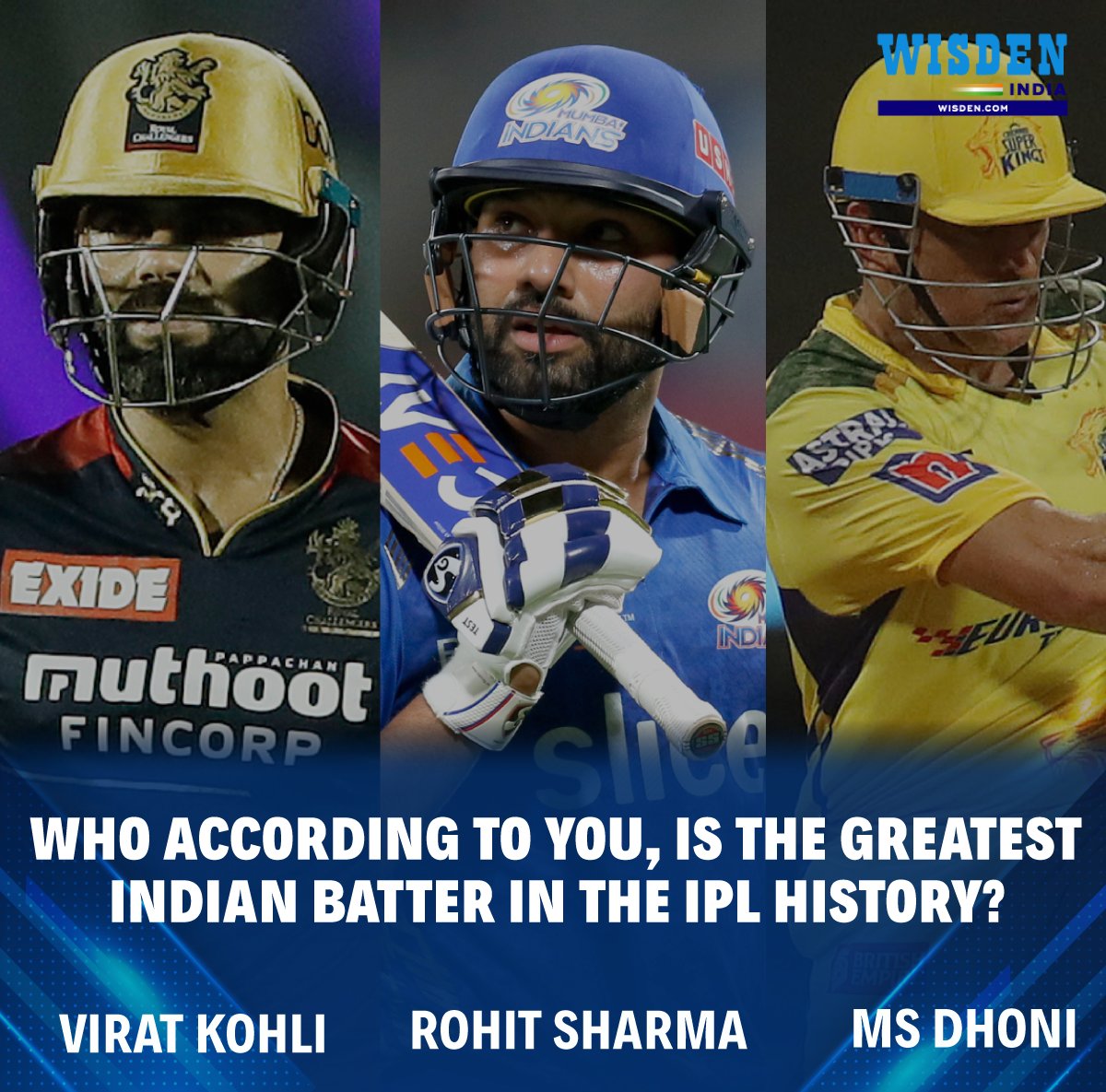Wisden_Asia's tweet photo. Virat Kohli in the IPL: 6,519 runs @ 36.21, SR: 129.26 

Rohit Sharma in the IPL: 5,829 runs @ 30.35, SR: 130.19

MS Dhoni in the IPL: 4,952 matches @ 39.30, SR: 135.52 https://t.co/4PUeB2JvY0