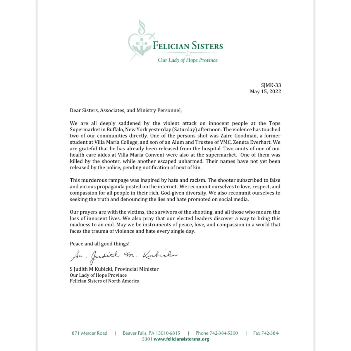 felicianservinc's tweet photo. From S Judith Marie Kubicki, CSSF, Provincial Minister of the Our Lady of Hope Province of the @feliciansisters (sponsor of the Felician Sponsored Ministries), on the racist, hateful, and violent attack in Buffalo. Buffalo serves as home to Felician Sisters &amp; @VillaMariaClg https://t.co/5JzumsSLk4