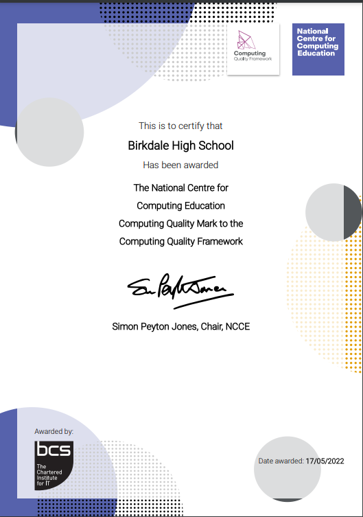 BirkdaleHS_CS's tweet image. We’re delivering great computing education! We’ve achieved the Computing Quality Mark,
from the National Centre for Computing Education, recognising the outstanding provision
across our school - the first in the NW. @wearecomputing #Computingqualityframework #compqf @cazminty