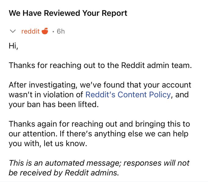 Finally a platform that cares and responds quickly. Thank you @Reddit 
Made my day ☀️ https://t.co/v