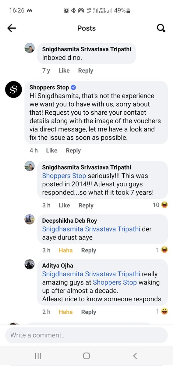 Snigdhasmita's tweet photo. Posted this on 29th June 2014 on Shopper stop's FB page. Received a reply today!!! And my original post began with, "Pathetic customer care service". Hence proved. https://t.co/W14ZwNNnmk