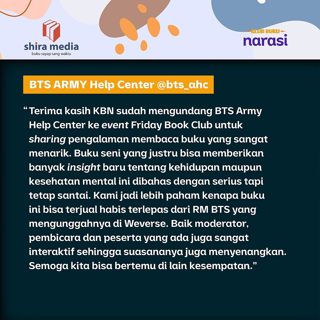 BTS_AHC_IDN's tweet photo. Semoga bisa bertemu lagi di lain kesempatan ๐ฅฐ
#BTSreads #Book #BTSARMY #BTS_AHC_IDN https://t.co/QLAKutf8SJ